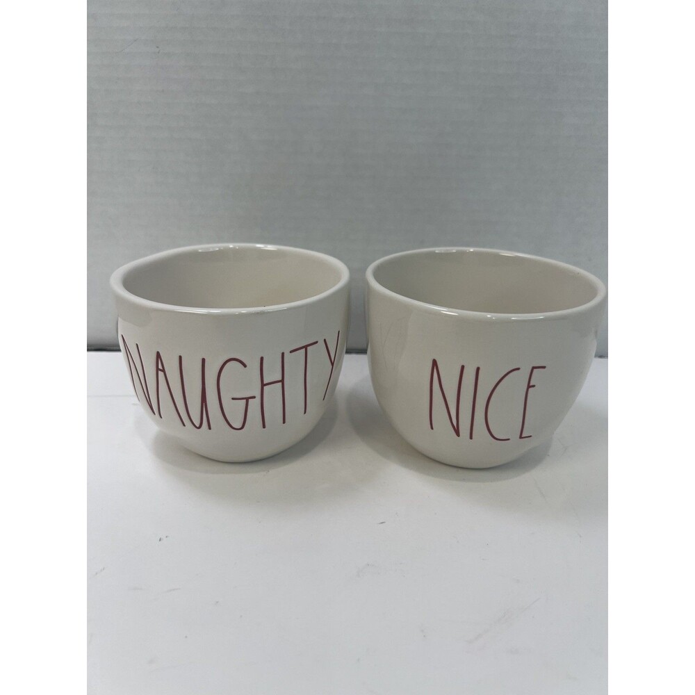 Rae Dunn Naughty Nice Candy Tidbit Bowls Christmas Holiday Pair White Red